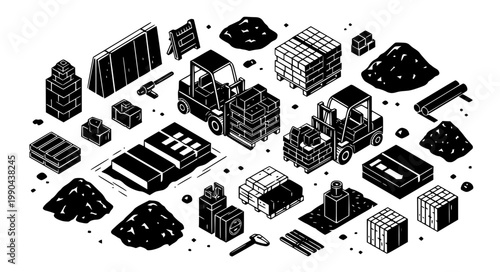 Isometric Construction Site Building Materials Set with Forklifts Pallets Bricks Sand Heaps and Hardware Equipment Vector Illustration Collection