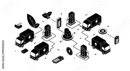 Isometric Electric Truck Fleet and Charging Station Infrastructure Network with Green Energy Leaves and Battery Icons Vector Illustration.