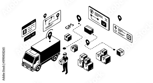Logistics and delivery service concept with isometric delivery truck, courier carrying cardboard box, GPS tracking map, and shipping navigation symbols