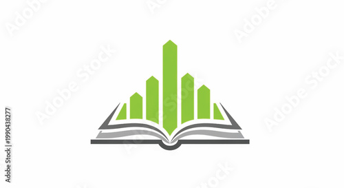 Open book icon with green bar graph rising above pages, symbolizing education growth, analytics, and investment in learning