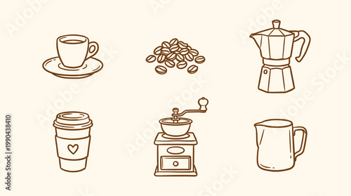 Coffee essentials icons set with cup, beans, moka pot, takeaway cup, grinder and milk jug, minimalist coffee culture vector illustration