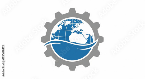 Globe network with gear icon and sweeping wave design for global logistics and international shipping concepts