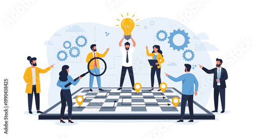 Business people strategizing on a chessboard with a bright idea lightbulb.