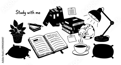 Hand drawn study with me vector illustration featuring books desk lamp sleeping cat coffee and notebook for educational content