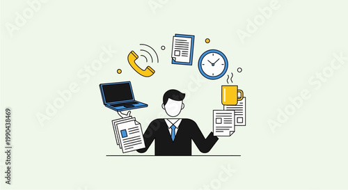 Businessman juggling multiple tasks and office items efficiently.