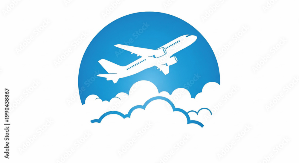 Naklejka premium Airplane travel icon with blue sky background, white clouds, and clean flat vector style for vacation and tourism