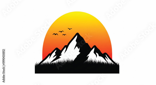 Mountains landscape silhouette with fiery sunset sun and birds over grassy foreground vector emblem featuring orange gradient, orange sky, fire sky