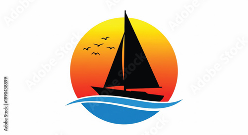 Sailboat logo icon with black sail silhouette and warm sunset circle over ocean wave lines featuring sailing, sea, waves with sunrise and horizon