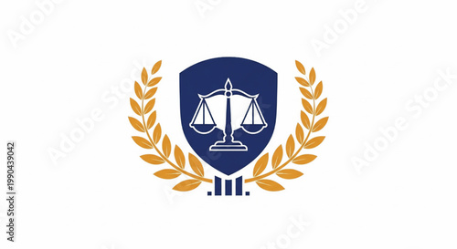 Scales of justice emblem with blue shield and gold laurel branches for legal law firm branding featuring court icon, courtroom, jurisprudence with