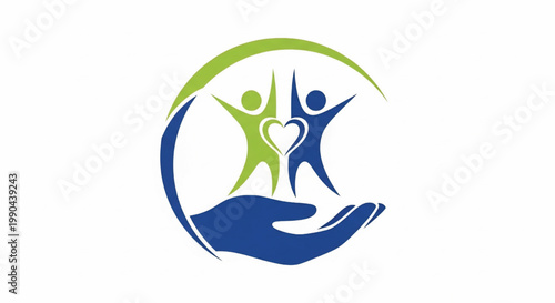 People embrace heart health logo icon in blue and green, family care symbol for charity, wellness, and support campaigns