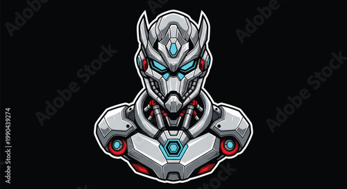 Robot helmet cyberpunk emblem with glowing blue visor lights, red accents, and futuristic armored plating