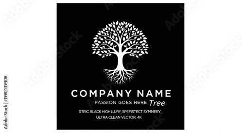 Elegant White Tree of Life Logo on Black Background.