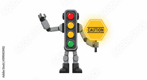Robot at traffic light with caution sign showing red yellow green signal and warning hand gesture featuring intersection, road safety, regulatory