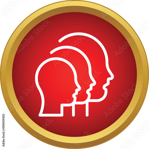 Three white profile head outlines depicting human growth process on a red and gold button