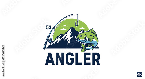 Fishing Angler Logo with Mountain and Fish.