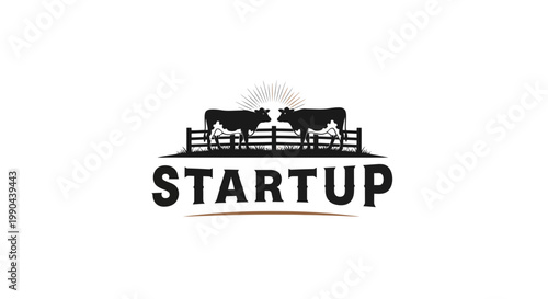 Farm Startup Logo with Cattle Silhouette and Fence.