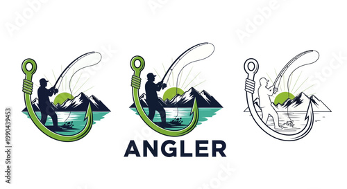 Fishing Hook Angler Silhouette Mountain Scene.