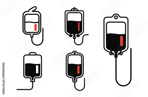 Medical intravenous drip icons collection with various blood bag designs featuring plastic containers tubing and liquid levels for hospital healthcare saline infusion therapy treatment