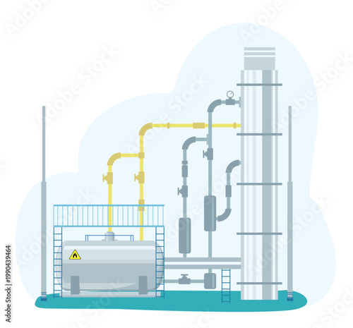 Flat illustration of industrial oil refinery with storage tank, pipes and distillation tower. Energy production concept showing petroleum processing facility and heavy industry infrastructure
