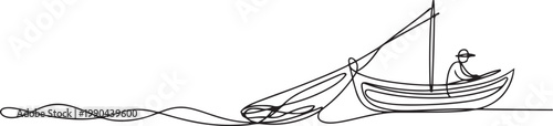 single line drawing of a fishing boat pulling a net in the sea. minimalist line illustration showing traditional occupations and fishermen. one line Icon drawing
