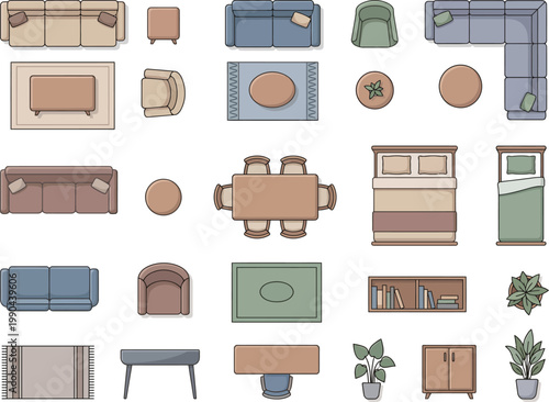 Color vector interior furniture plan set, sofas beds tables chairs cabinets rugs and plants in top view for architectural floor plans room layouts and interior space planning design