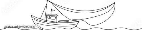 single line drawing of a fishing boat pulling a net in the sea. minimalist line illustration showing traditional occupations and fishermen. one line Icon drawing