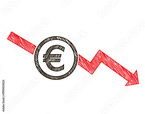 sketch design of money  down Euro trend.  Euro with falling value.  Decrease, Bankruptcy, financial market crash icon for your web site design, logo, app, UI. Hand drawn design isolated