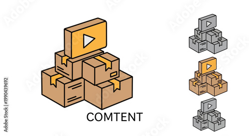 Isometric illustration of stacked content boxes with play button icon.