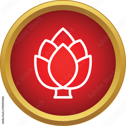 Hop cone outline in a red circle creating an emblem or symbol