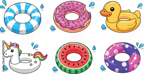 Colorful inflatable pool rings set with donut duck unicorn and fruit designs isolated on white background for summer water fun and vacation concepts