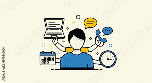 Multitasking business person juggling work tasks efficiently.