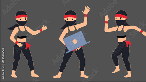 Ninja Woman Poses with Laptop and Action.