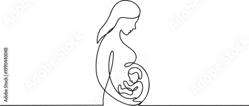 Continuous line drawing of a pregnant woman with a baby in the womb. one line Icon drawing