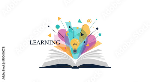 Open book with colorful explosion of ideas and lightbulb symbolizing learning.