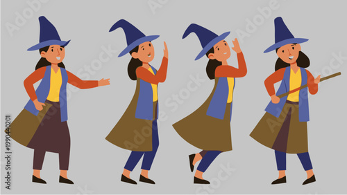 Set of four witch characters in different poses.