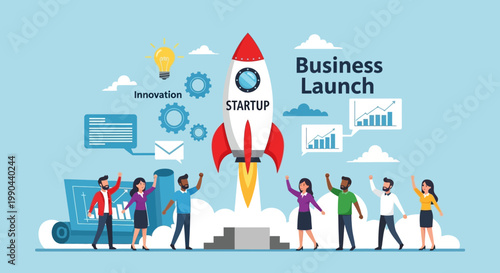 Startup Business Launch Rocket Taking Off With Diverse Team.