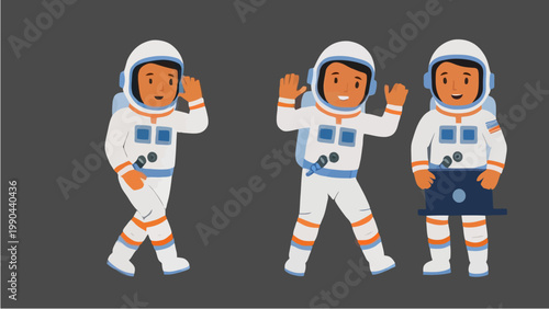 Three Astronauts in Space Suits Posing and Walking.