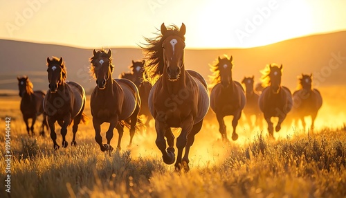 Wild Brown Horses Galloping Through Golden Fields At Sunset Cinematic Herd Of Stallions Running Towards Camera In Dusty Meadow Under Warm Light