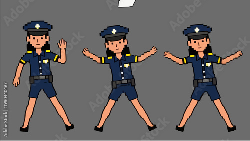 Three cartoon police women in uniform performing different gestures.
