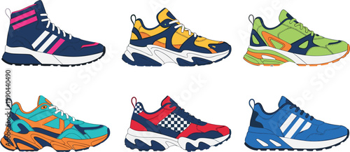 Colorful sneaker collection with modern running shoes and sporty footwear styles isolated on white background for fashion design and active lifestyle concepts