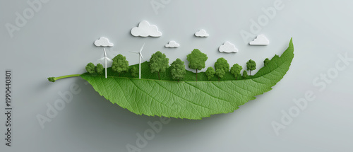 A large green leaf serves as a miniature landscape supporting a thriving forest, two wind turbines, and small clouds on a grey background