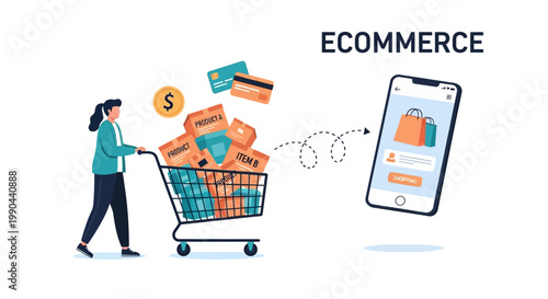 Wallpaper Mural Woman Pushing Shopping Cart Full of Products Towards Smartphone Displaying E-commerce App. Torontodigital.ca