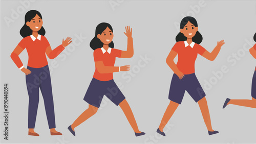 Woman in Orange Top and Blue Pants Poses.