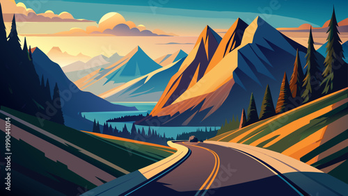 mountain road in the sunset