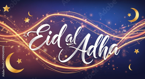 Eid al Adha greeting banner with golden crescent moons and stars festive lights Islamic holiday celebration background