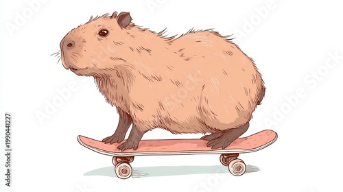 Funny capybara rides skateboard. Drawn picture. Cute animal on white. Simple style for kids.