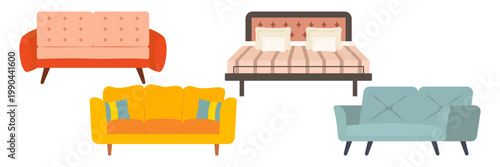 Colorful Retro Home Furniture Illustration Collection with Sofas Chairs Tables and Lamps