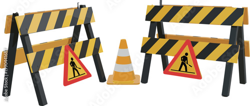 Construction barricades with warning signs and traffic cone roadwork safety illustration isolated on white background for urban maintenance and hazard concepts
