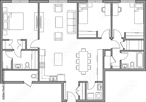Black white CAD architectural floor plan vector, residential apartment layout top view with rooms kitchen bathroom living and bedroom furniture for construction and real estate design