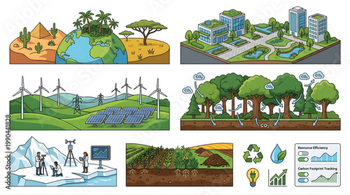 Various environmental and sustainability concepts are visually represented, including diverse biomes, urban green infrastructure, wind farms with solar panels, and scientific glacier monitoring.